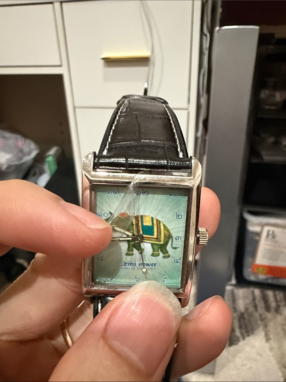 Unbranded Square Silver Case Leather Strap Watch with Blue Elephant Dial
